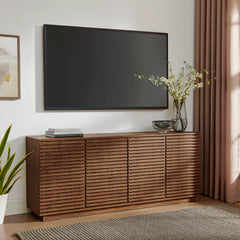 Modern Walnut Fluted 4-Door Sideboard Cabinet & TV Stand